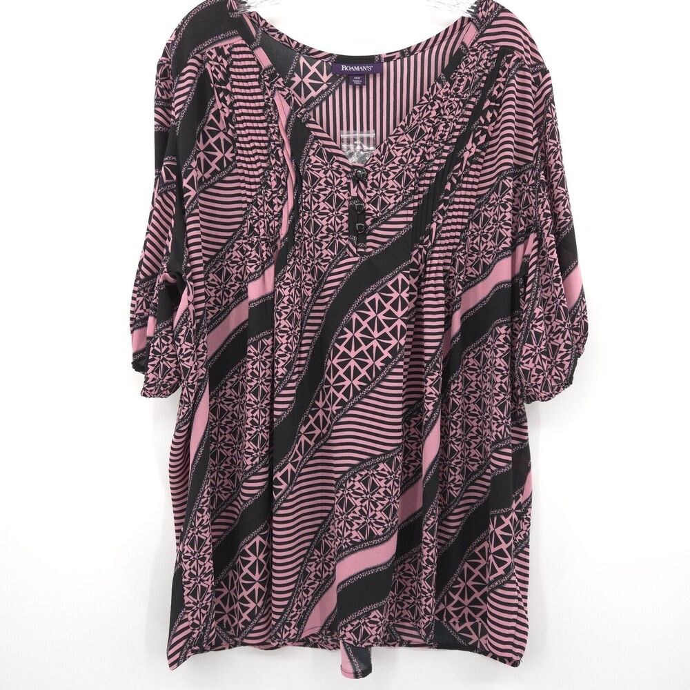 NWOT Roaman's popover top womens Size 18w pink/black print short sleeve tunic